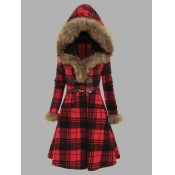 Lovely Trendy Hooded Collar Plaid Print Red Plus S