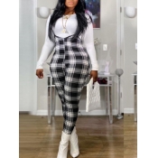 LW BASICS Plaid Print Patchwork Overall Pants Set