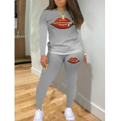 Lovely Casual Gradient Lip Print Grey Two Piece Pa