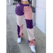 Lovely Street Color-lump Patchwork Pink Jeans