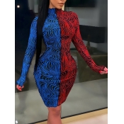 Lovely Chic O Neck Print Patchwork Blue Knee Lengt