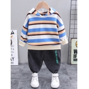 Lovely Casual Hooded Collar Striped Patchwork Blue