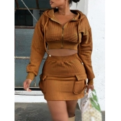 Lovely Casual Hooded Collar Zipper Design Coffee T