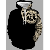 LW Men Casual Hooded Collar Print Patchwork Black 