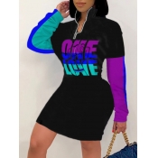 Lovely Sportswear Letter Print Patchwork Blue Knee