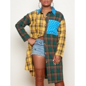 Lovely Casual Plaid Print Patchwork Yellow Blouse