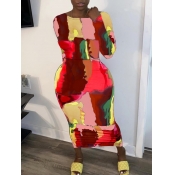 Lovely Casual Tie-dye Patchwork Red Mid Calf Plus 