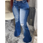 LW Street Broken Holes Flared Raw Edge Blue Jeans