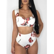 Lovely Sweet High-waisted Print White Tankini