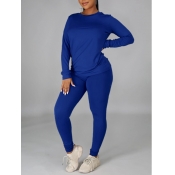 Lovely Casual O Neck Blue Two Piece Pants Set