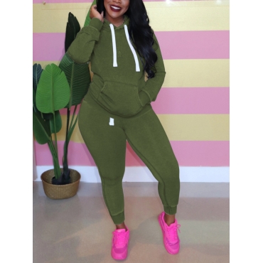 

LW Plus Size Hooded Collar Pocket Patched Pants Set, Green