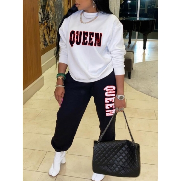 

LW BASICS Casual O Neck Letter Print Black Two Piece Pants Set