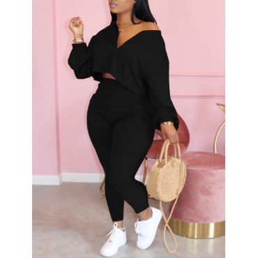 

LW Plus Size Zipper Design CropTop Pants Set, Black