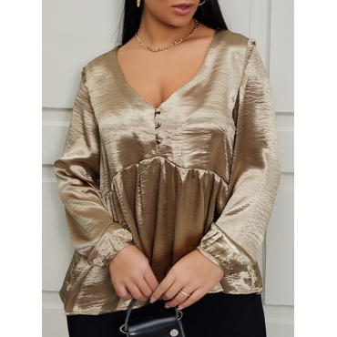 

LW Satin V Neck Ruffle Design Blouse, Gold