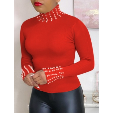 

LW Street Turtleneck Pearl Decorative Red T-shirt