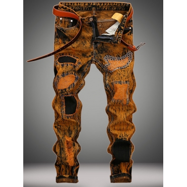 

LW COTTON Men Vintage Letter Print Patchwork Jeans (No Stretch), Croci