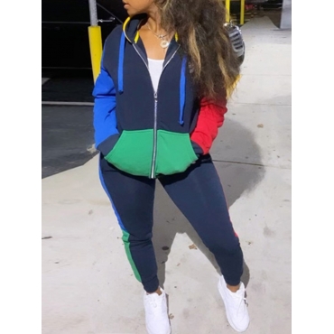

LW Hooded Collar Color-lump Stitching Royalblue Tracksuit Set