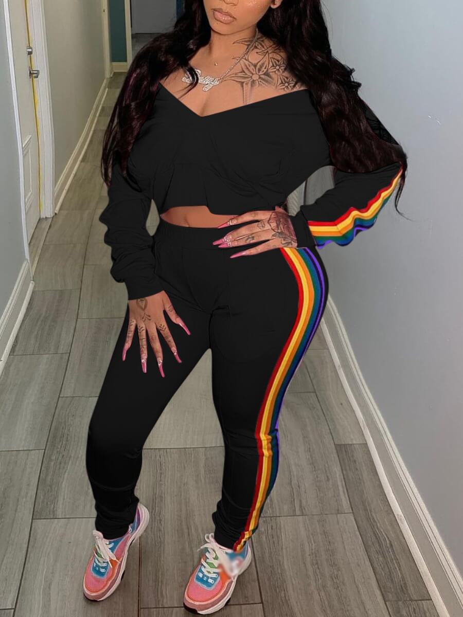 

Lovely Sportswear V Neck Striped Patchwork Black Two Piece Pants Set