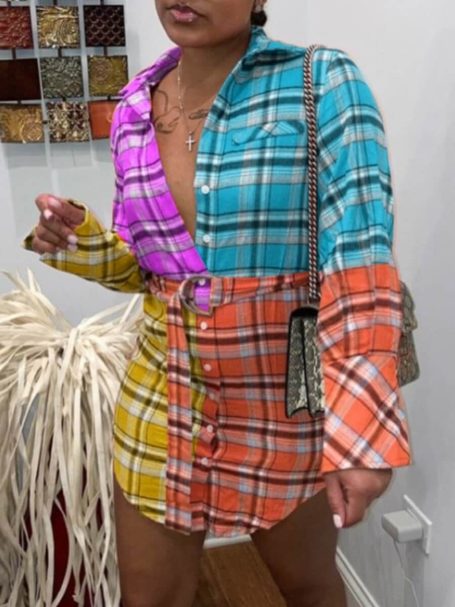 

Lovely Casual Plaid Print Patchwork Purple Mini Shirt Dress