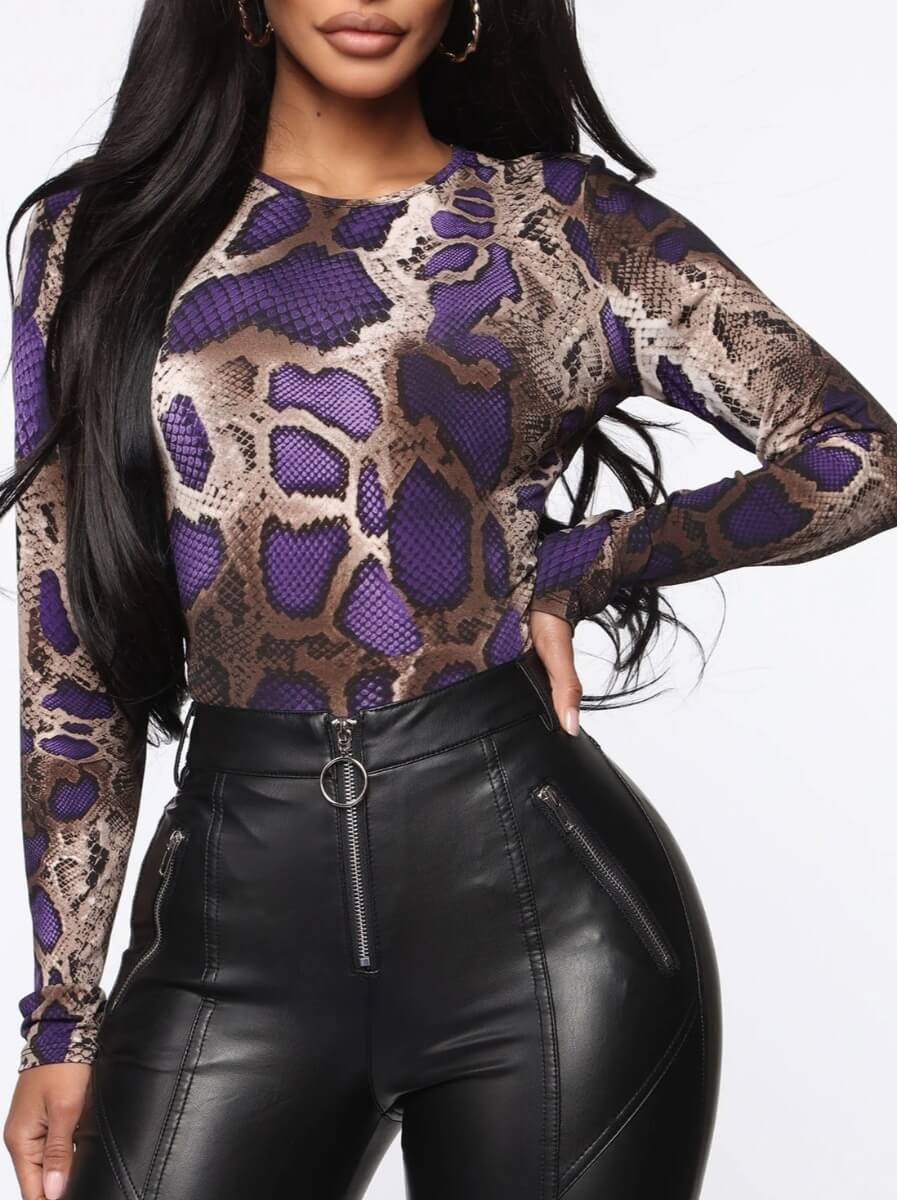 

Lovely Sexy Animal Print Patchwork Purple Bodysuit