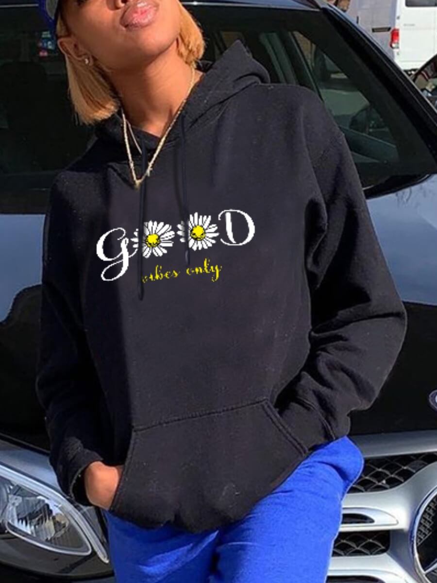 

Lovely Casual Letter Print Kangaroo Pocket Black Hoodie