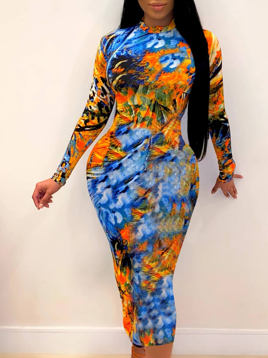 

Lovely Casual Half A Turtleneck Tie-dye Blue Knee Length Dress