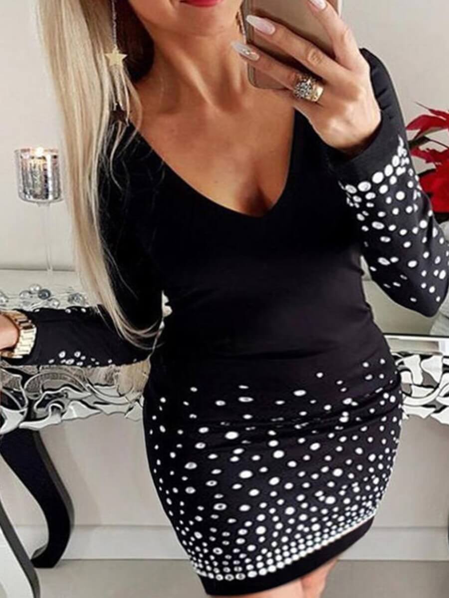 

Lovely Sweet V Neck Dot Print Black Mini Plus Size Dress