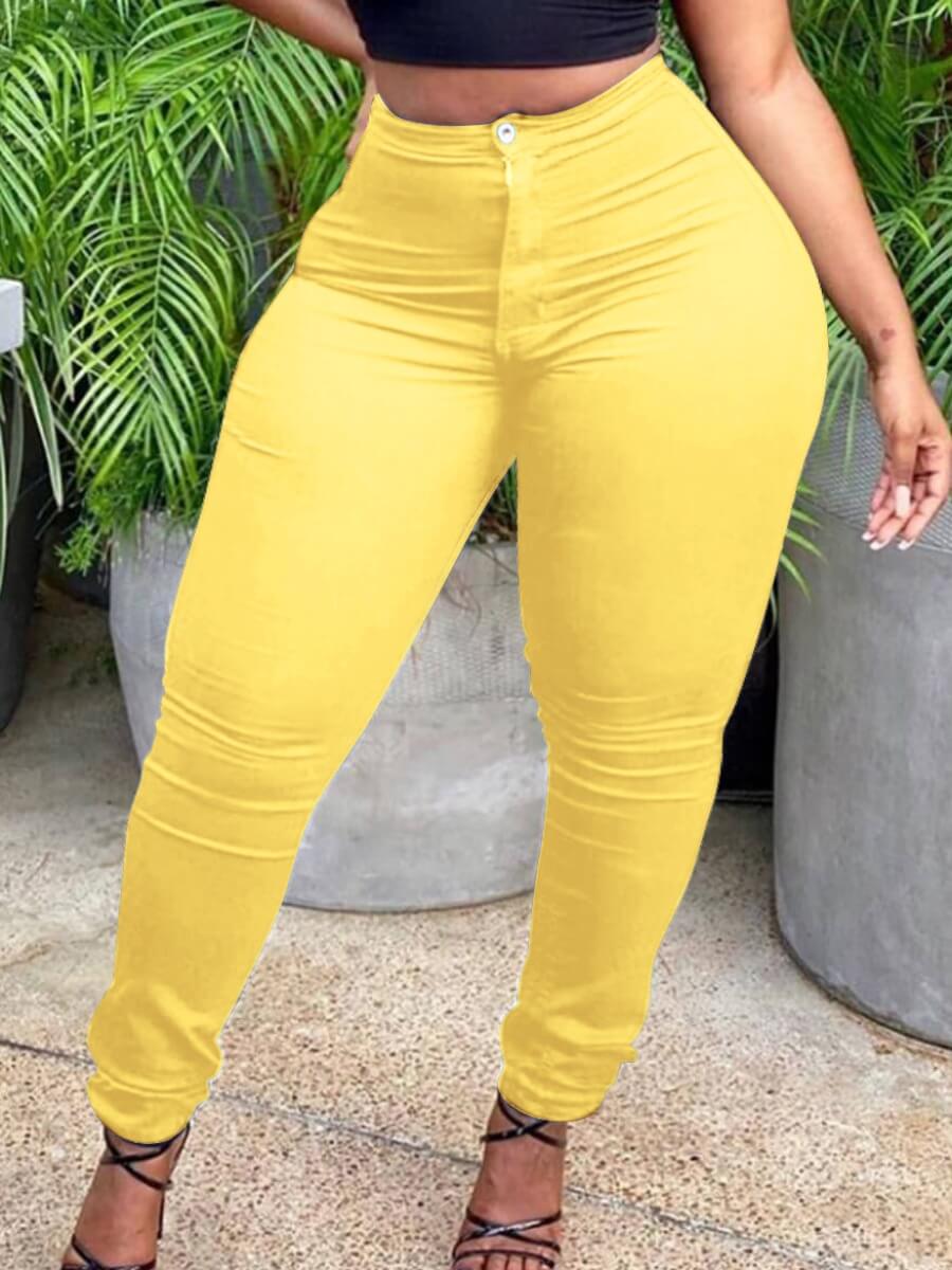 

Lovely Casual Mid Waist Zipper Design Yellow Plus Size Pants