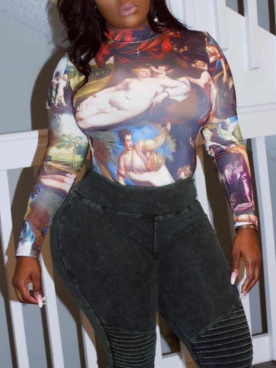 

Lovely Casual Graffiti Print Patchwork Black Bodysuit