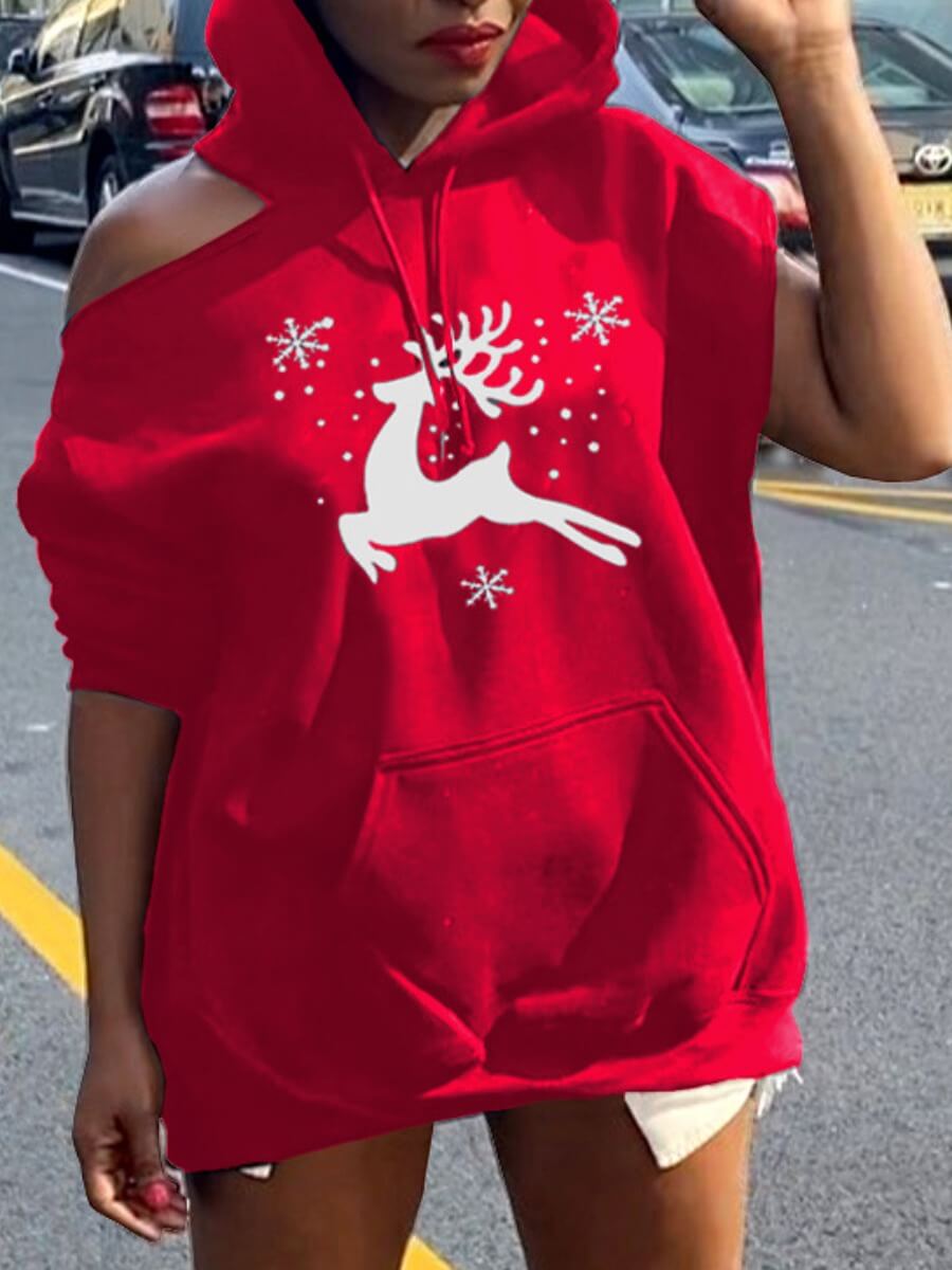 

Lovely Trendy Christmas Day Animal Print Hollow-out Red Hoodie