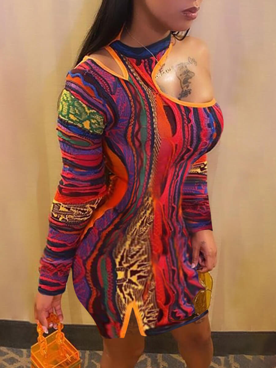 

LW SXY Street One Shoulder Hollow-out Print Patchwork Orange Mini Dress