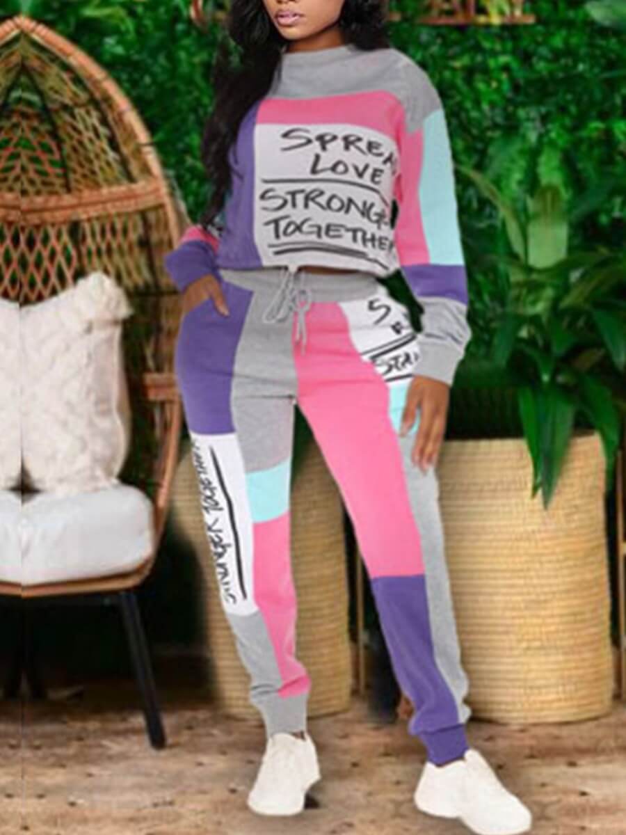 

Lovely Sportswear Letter Print Patchwork Purple Plus Size Two-piece Pants Set