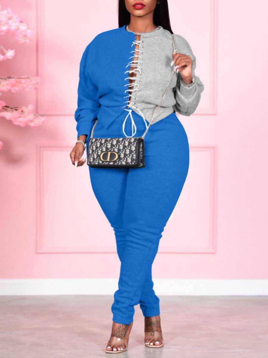 

Lovely Street Bandage Hollow-out Design Patchwork Blue Plus Size Two-piece Pants Set