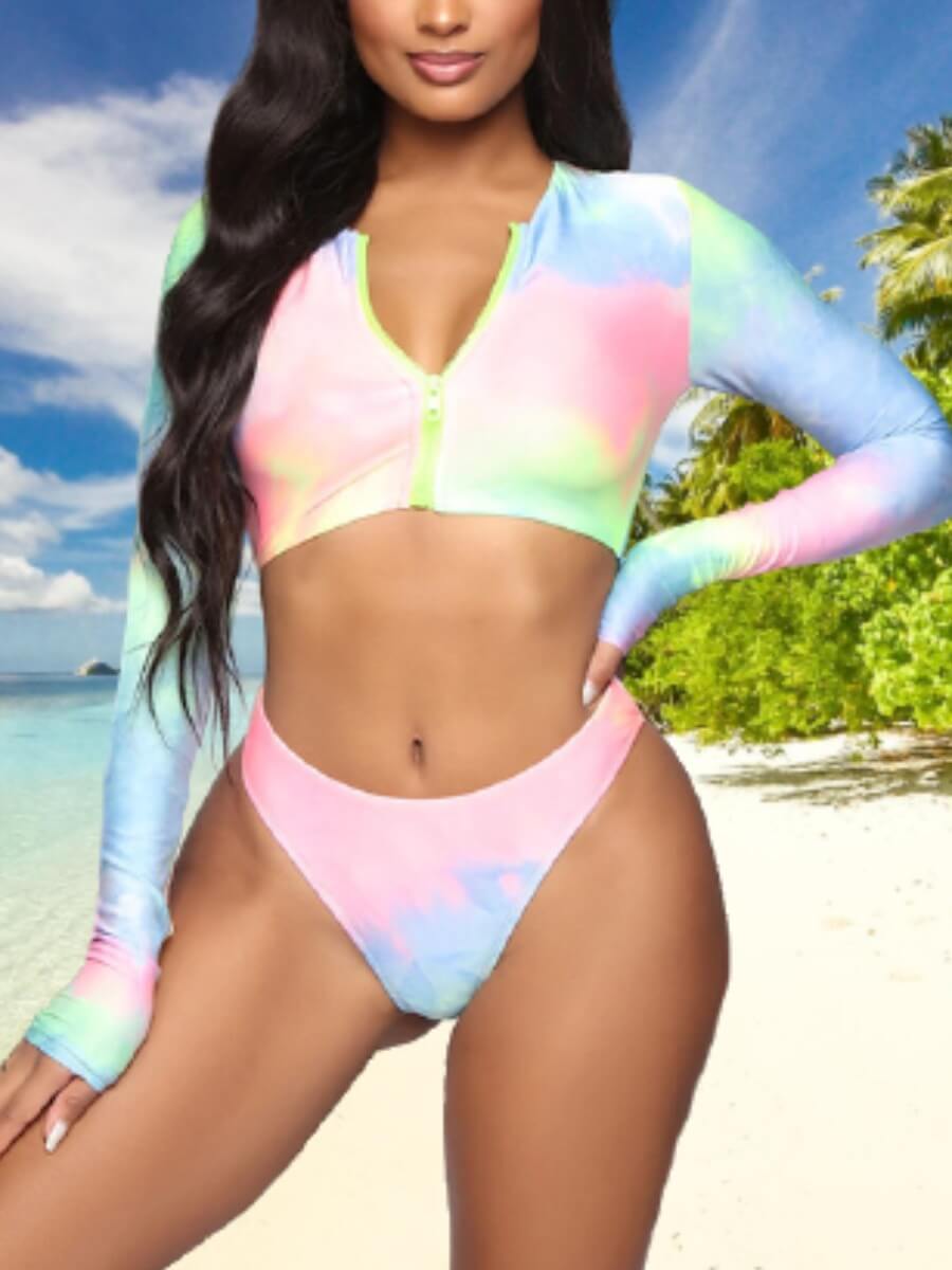 

Lovely Casual Tie-dye Zipper Design Blue Tankini