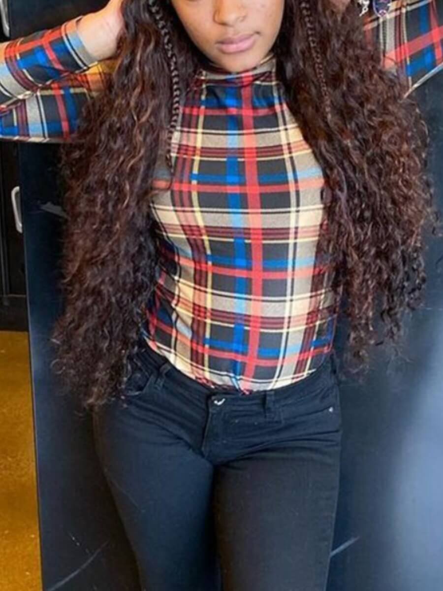 

Lovely Casual Plaid Print Patchwork Blue T-shirt
