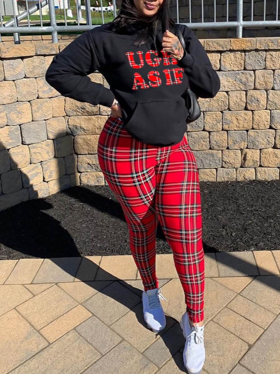 

Lovely Casual Christmas Day Letter Print Red Two Piece Pants Set