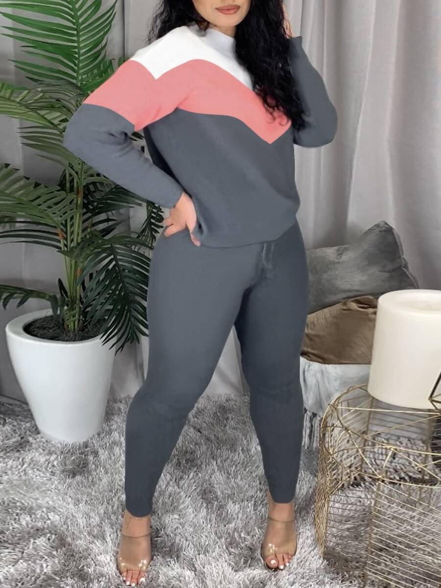 

Lovely Casual Half A Turtleneck Color-lump Patchwork Grey Two Piece Pants Set