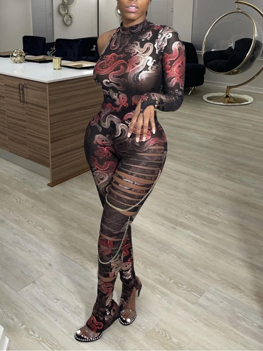 

Lovely Sweet One Shoulder Animal Print Ripped Red One-piece Jumpsuit