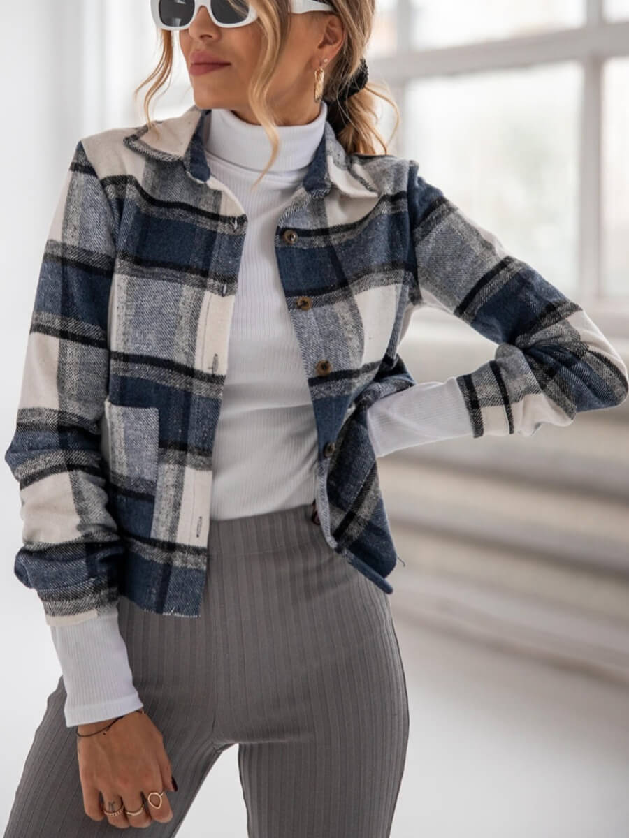 

Lovely Casual Turndown Collar Plaid Print Blue Short Coat