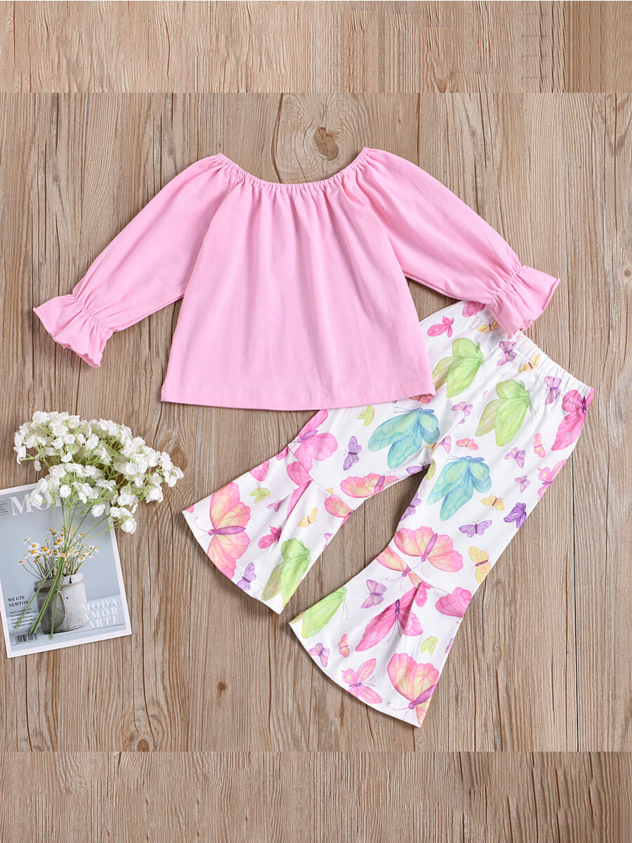 

Lovely Casual Flared Butterfly Print Pink Girl Two Piece Pants Set
