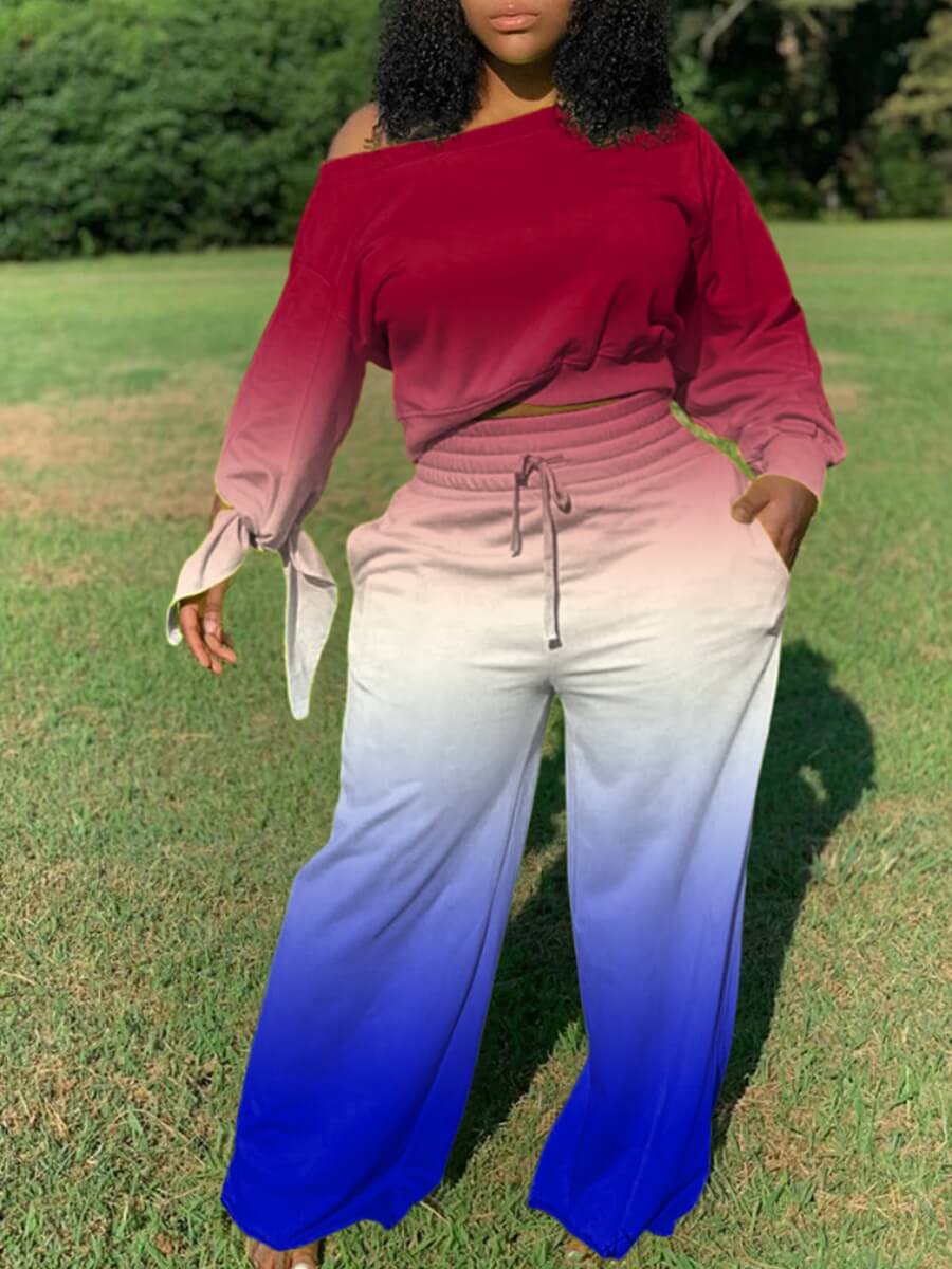 

Lovely Casual Gradient Drawstring Wine Red Plus Size Two-piece Pants Set