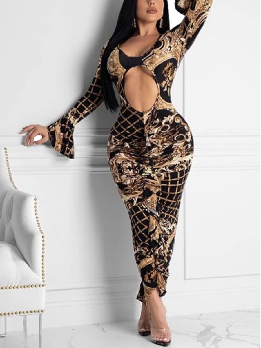 

Lovely Sexy Flared Print Hollow-out Black Knee Length Dress