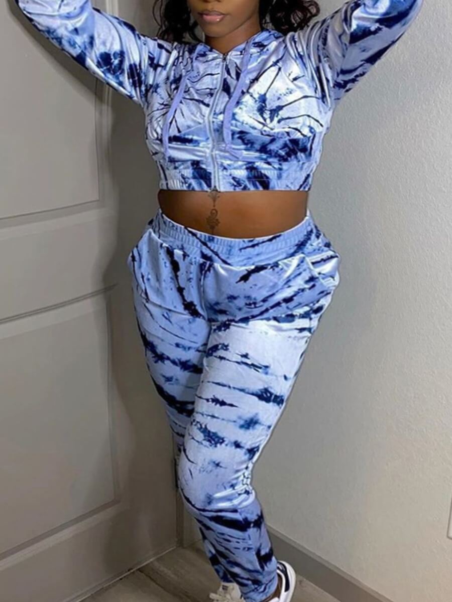 

Lovely Casual Hooded Collar Tie Dye Baby Blue Two Piece Pants Set