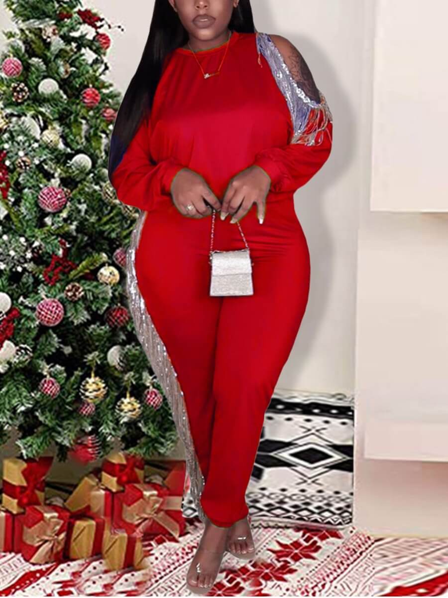 

Lovely Trendy Christmas Day Sequined Hollow-out Red Plus Size Two-piece Pants Set