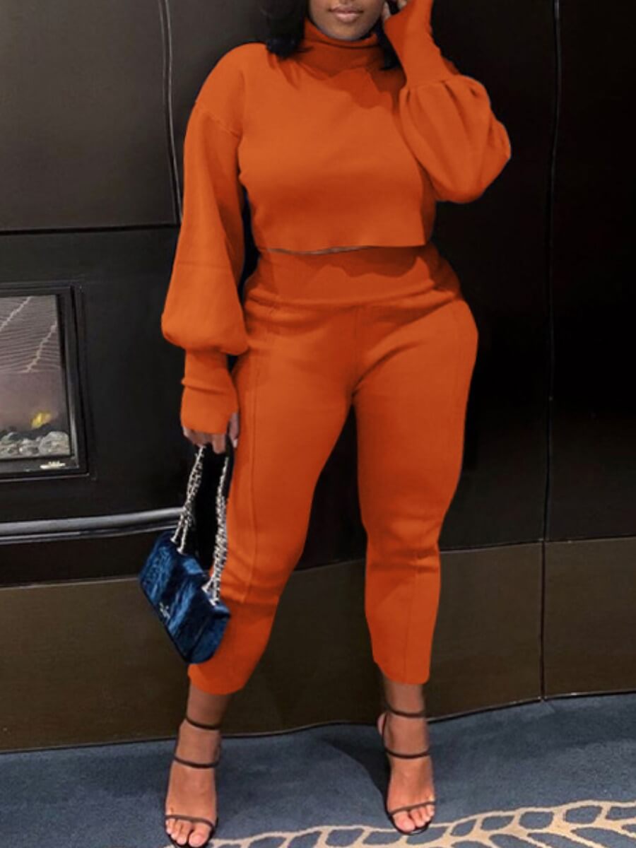 

LW Casual Turtleneck Puffed Sleeve Jacinth Two Piece Pants Set