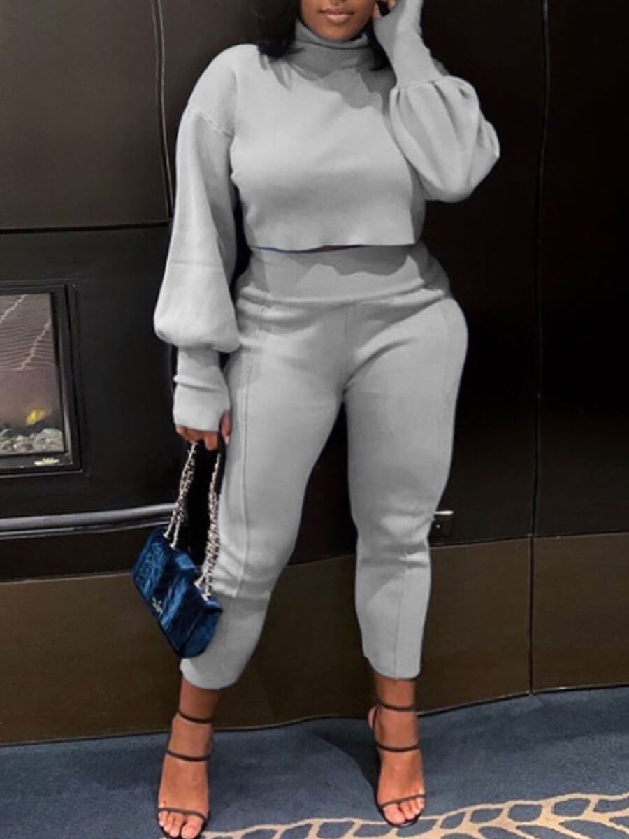 

Lovely Casual Turtleneck Puffed Sleeve Grey Two Piece Pants Set