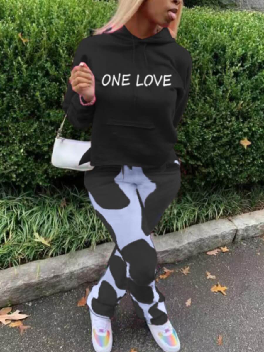 

Lovely Street Hooded Collar Letter Print Black Two Piece Pants Set