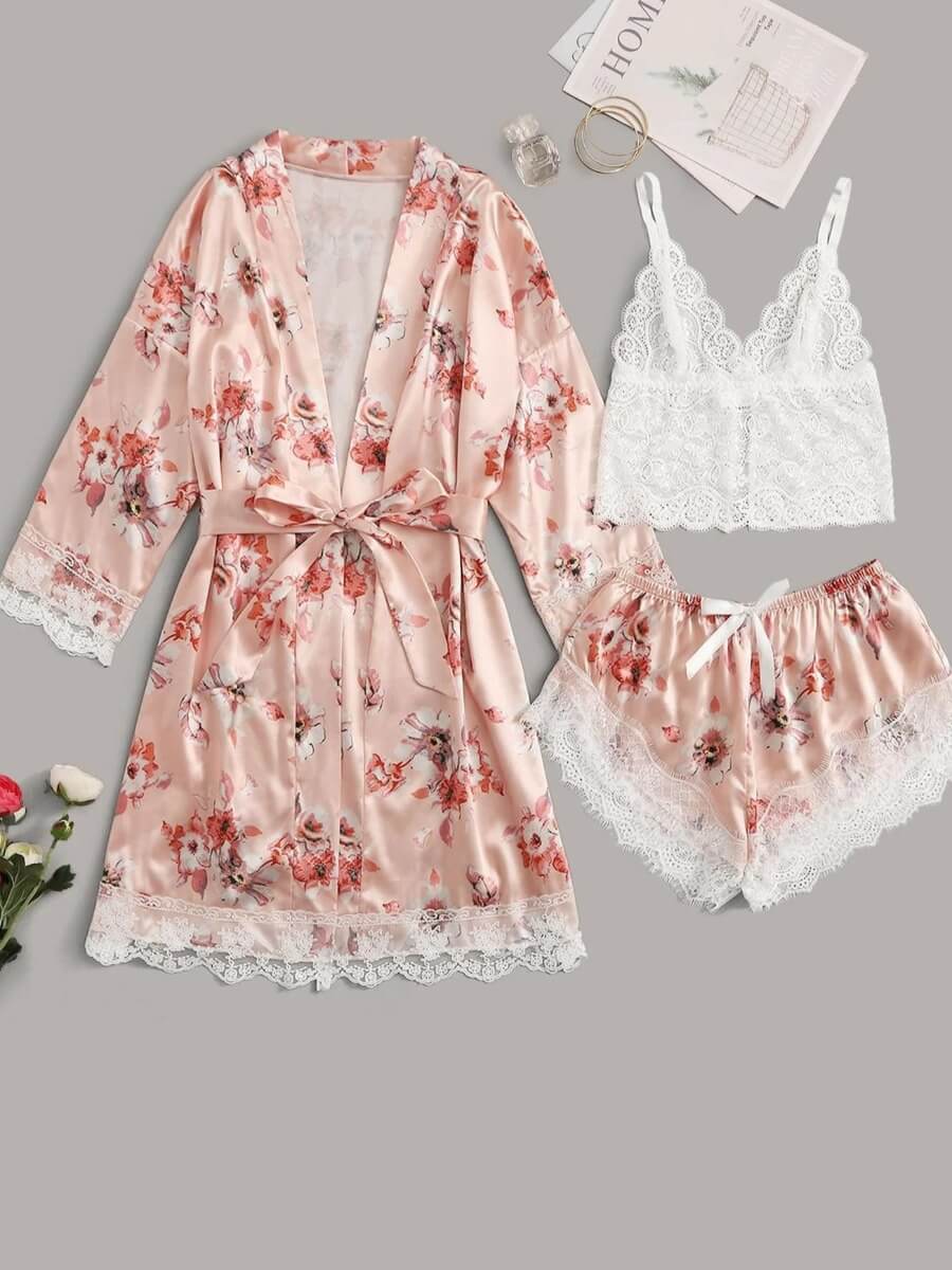 

Lovely Home Style Floral Print Lace-up Dusty Pink Sleepwear