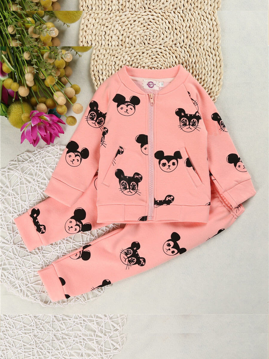 

Lovely Casual Cartoon Print Zipper Design Pink Girl Two Piece Pants Set