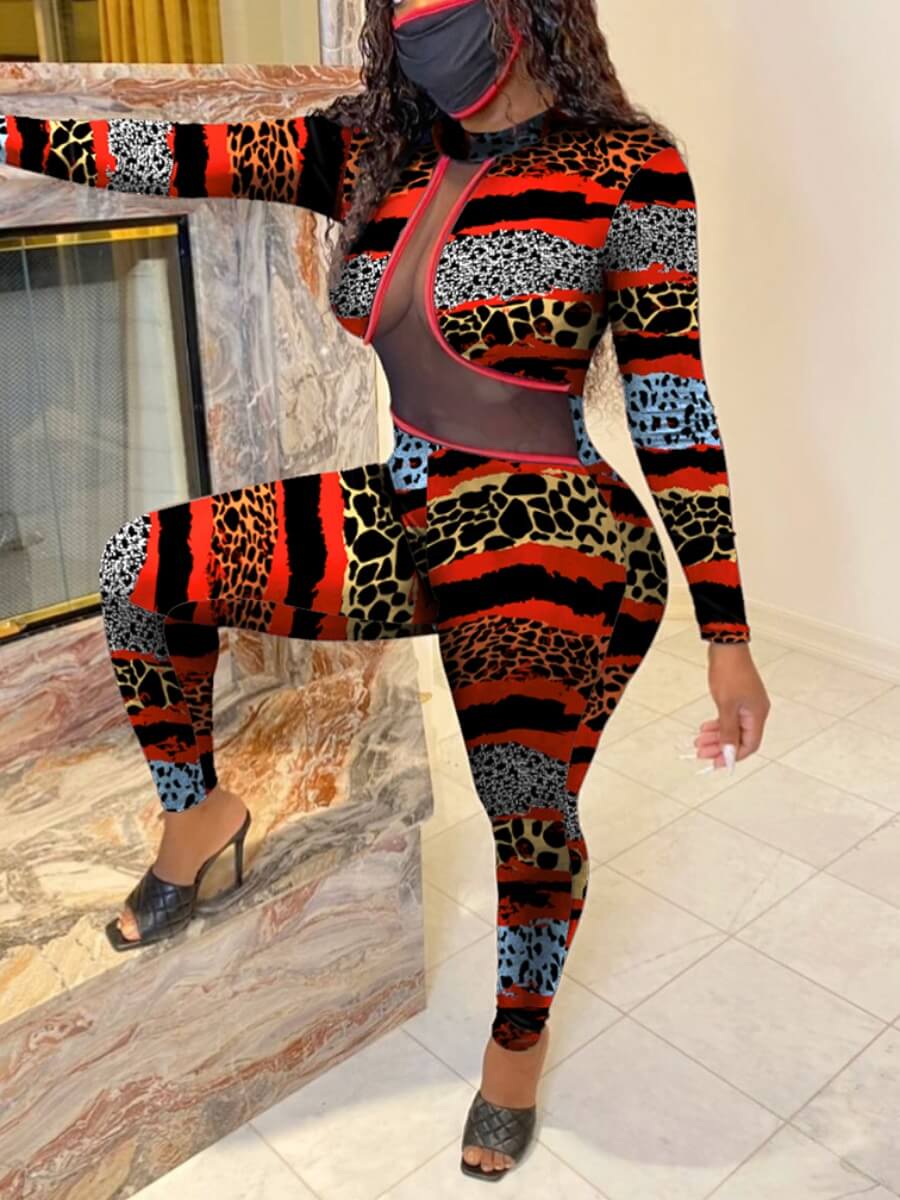 

Lovely Sexy See-through Leopard Print Patchwork One-piece Jumpsuit